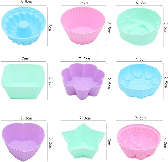 Silicone Cupcake Liners, Reusable Silicone Baking Cups, Non Stick Muffin Liners, 9 Shapes Pack of 36