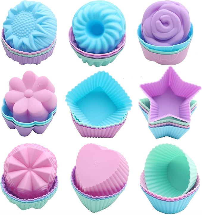 Silicone Cupcake Liners, Reusable Silicone Baking Cups, Non Stick Muffin Liners, 9 Shapes Pack of 36