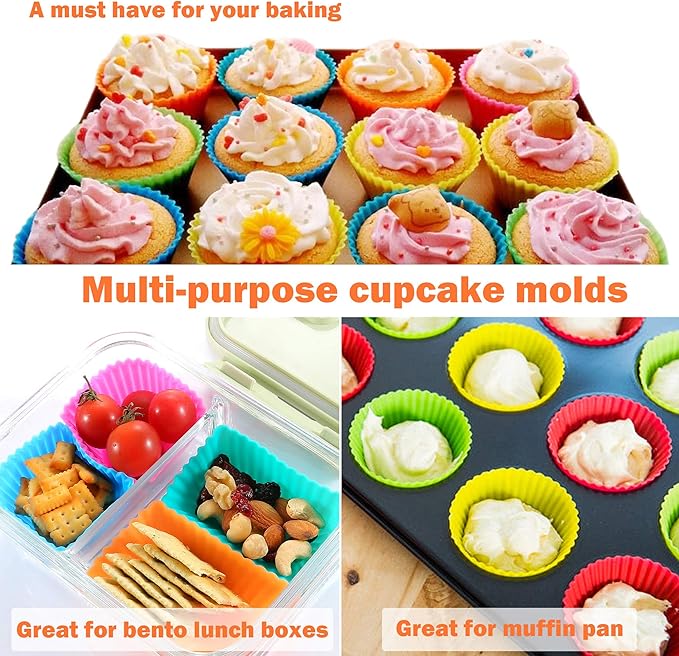 24 Pack Silicone Cupcake Baking Cups Reusable Food-Grade BPA Free Non-Stick Muffin Liners Molds Sets, 2 Shapes Round Rectangle