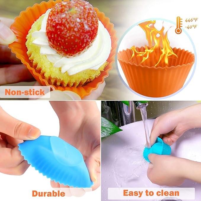 24 Pack Silicone Cupcake Baking Cups Reusable Food-Grade BPA Free Non-Stick Muffin Liners Molds Sets, 2 Shapes Round Rectangle