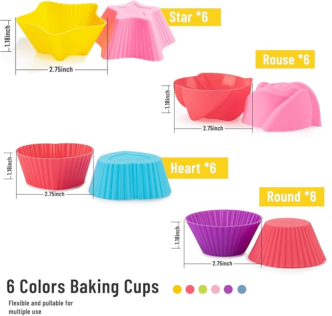 Silicone Cupcake Liners Reusable Baking Cups Nonstick Easy Clean Pastry Muffin Molds 4 Shapes Round, Stars, Heart, Flowers, 24 Pieces Colorful