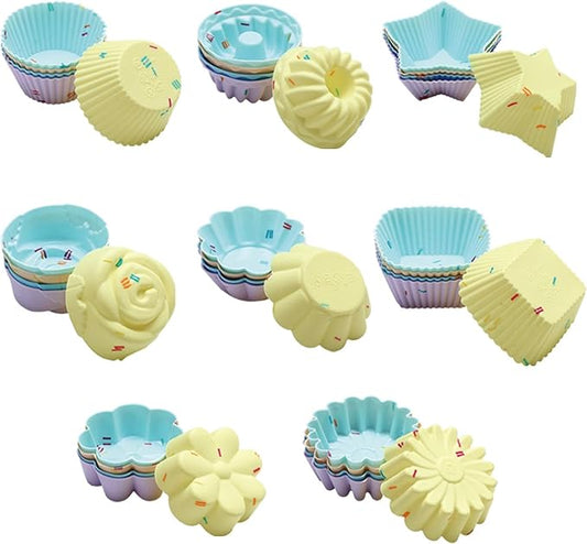 40PCS Silicone Cupcake Baking Cups Set for Muffins - 8 Shapes Including Round, Square, Star, Sunflower, Rose, Chrysanthemum, Flower, Pumpkin