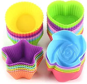 Silicone Cupcake Liners Reusable Baking Cups Nonstick Easy Clean Pastry Muffin Molds 4 Shapes Round, Stars, Heart, Flowers, 24 Pieces Colorful