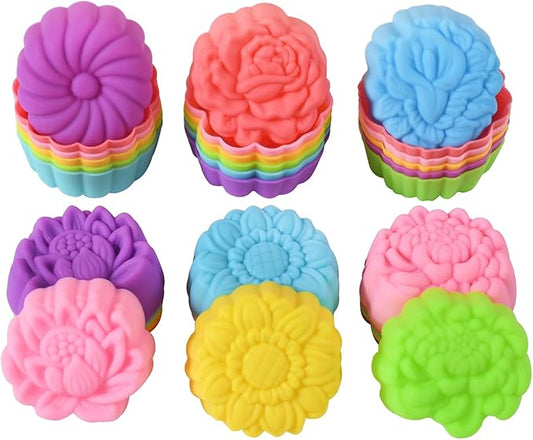 Reusable Silicone Baking Cups, 2 Inch Mini Size Silicone Cupcake Liners for baking, Multi Flower Shapes reusable Muffin Liners, Pack of 36, Multicolor