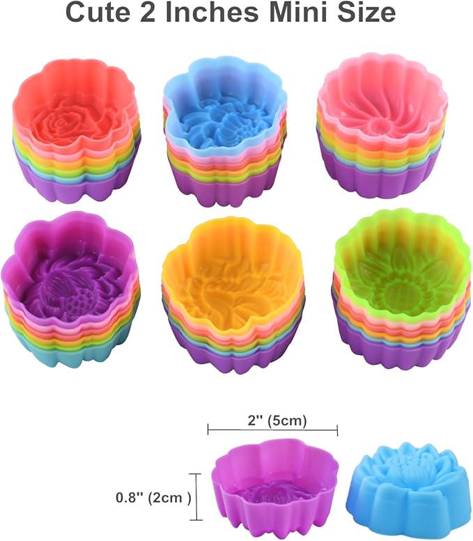 Reusable Silicone Baking Cups, 2 Inch Mini Size Silicone Cupcake Liners for baking, Multi Flower Shapes reusable Muffin Liners, Pack of 36, Multicolor