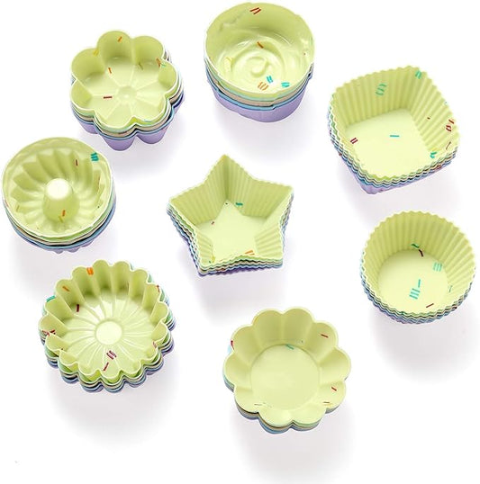 40PCS Silicone Cupcake Baking Cups Set for Muffins - 8 Shapes Including Round, Square, Star, Sunflower, Rose, Chrysanthemum, Flower, Pumpkin