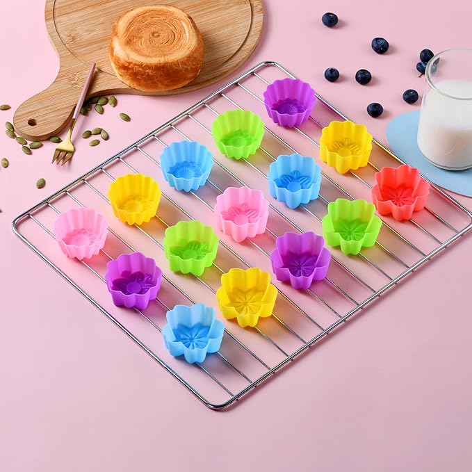 Reusable Silicone Baking Cups, 2 Inch Mini Size Silicone Cupcake Liners for baking, Multi Flower Shapes reusable Muffin Liners, Pack of 42