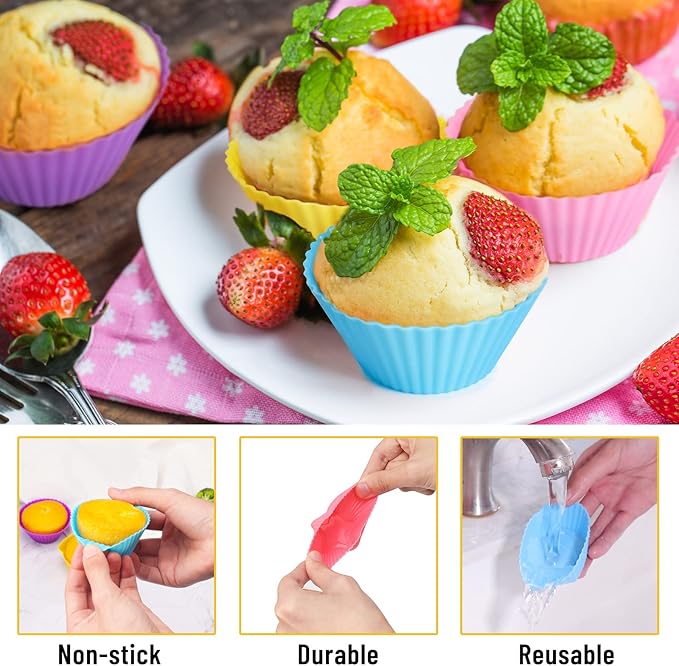 Silicone Cupcake Liners Reusable Baking Cups Nonstick Easy Clean Pastry Muffin Molds 4 Shapes Round, Stars, Heart, Flowers, 24 Pieces Colorful