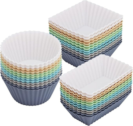 36-Pack Silicone Cupcake Liners, Reusable Muffin Cups – Round, Square & Rectangle Baking Cups, Non-Stick, Easy to Clean, Bento Box Accessories, Lunch Box Dividers for Kids(36 Liners + 20 Animal Picks)