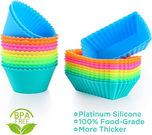24 Pack Silicone Cupcake Baking Cups Reusable Food-Grade BPA Free Non-Stick Muffin Liners Molds Sets, 2 Shapes Round Rectangle