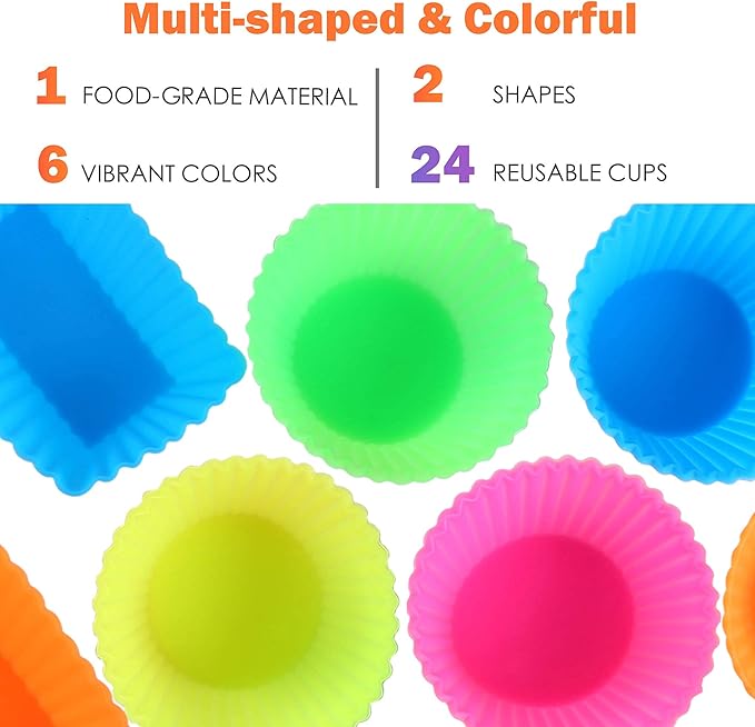 24 Pack Silicone Cupcake Baking Cups Reusable Food-Grade BPA Free Non-Stick Muffin Liners Molds Sets, 2 Shapes Round Rectangle