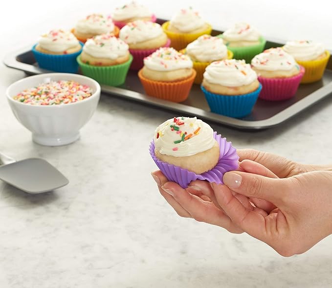 Reusable Silicone Baking Cups, BPA Free Muffin Liners, Dishwasher Safe, 2.9 x 2.9 x 1.3 in (LxWxH), Multicolor, Pack of 12