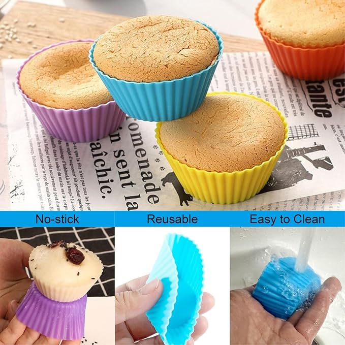 Baking Cups 24 Pack, Multi-color Reusable Silicone Cupcake Liners, Non-stick and Flexible Muffin Pans for Baking, Easy To Clean Cupcake Molds