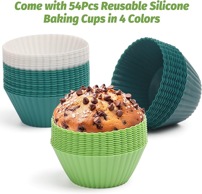 54 Pack Silicone Muffin Cups,  Silicone Cupcake Baking Cups Reusable Muffin Liners Cupcake Wrapper Cups Holders for Muffins, Cupcakes, and Candies (Navy, Gray Blue, Green, White)