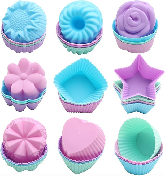 Silicone Cupcake Liners, Reusable Silicone Baking Cups, Non Stick Muffin Liners, 9 Shapes Pack of 36