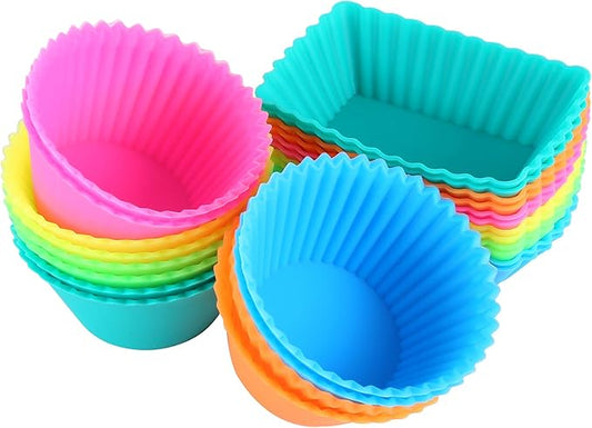 24 Pack Silicone Cupcake Baking Cups Reusable Food-Grade BPA Free Non-Stick Muffin Liners Molds Sets, 2 Shapes Round Rectangle