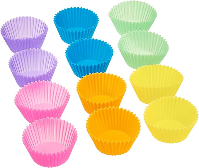 Reusable Silicone Baking Cups, BPA Free Muffin Liners, Dishwasher Safe, 2.9 x 2.9 x 1.3 in (LxWxH), Multicolor, Pack of 12